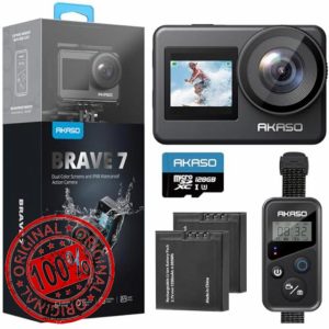 AKASO Brave 7 Action Camera with 128GB microSDXC Memory Card - IPX8 Waterproof Underwater Camera Native 4K 20MP WiFi Cam with Touch Screen EIS 2.0 Zoom Support External Mic Voice Control Vlog Camera