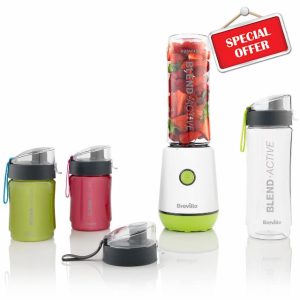 Breville Blend Active Personal Blender & Smoothie Maker | 350W | Family Pack | 4 Portable Blend Active Bottles (300ml | 600ml) | Leak Proof Lids | White & Green [VBL252]