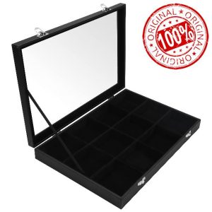 BELLE VOUS Black Velvet Jewellery Organiser Display Case Storage Box with 12 Sections & Glass Lid - Stackable Drawer Tray - Adjustable Storage Grid for Rings