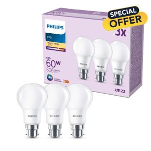 PHILIPS LED Frosted A60 Light Bulb 3 Pack (Warm White 2700K - B22 Bayonet Cap) 60W