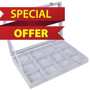 Belle Vous Grey Velvet Jewellery Organiser Display Case Storage Box with 12 Sections & Glass Lid Stackable Tray for Drawer - Adjustable Storage Grids for Rings