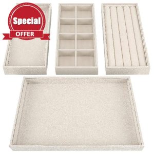 BELLE VOUS 4 Pack of Cream Velvet Stackable Jewellery Organiser Storage Trays - 35.3 x 24.2cm/13.89 x 9.5 Inches - Drawer Display Boxes - Removable Sections for Necklaces