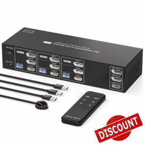 PVBCTCSID KVM Switch 3 Monitors 3 Computers 2 Displayport HDMI 8K60HZ HDMI KVM Switches Displayport Sharing Three Monitors and 4 USB 3.0 Devices Support IR Remote Switch