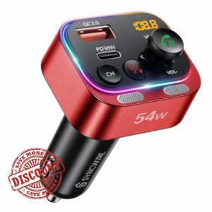 Syncwire Bluetooth 5.4 FM Transmitter Car Adapter 54W (PD 36W & 18W) [Stronger Dual Mics] [Light Switch] [HiFi Bass Sound] [Fast Charging] Wireless Radio Receiver Hands-Free Calling LED Display