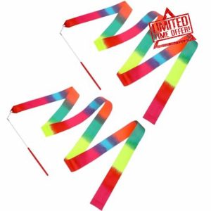 COMNICO 2Pcs Dance Ribbons Rainbow Streamers 78.7 inches/2 m Gymnastics Ribbon Baton Stick Twirling Baton Rhythmic Ribbon for Kids Dance Party Girls Adults Artistic Shows Equipme
