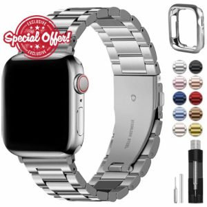 Fullmosa Compatible with Metal Apple Watch Straps Series 9 8 7 41mm Series 3 38mm Series 6 SE/SE2 5 4 40mm Stainless Steel Replacement iWatch Bands Silver & Protective Case