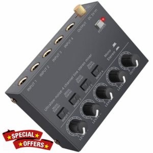LiNKFOR 4 Channel Audio Mixer Ultra compact Low-noise Stereo Audio Mixer Metal Shell with Separate Volume Adjustment Power Switch for Microphones Guitars Bass Keyboards Stage Mixe