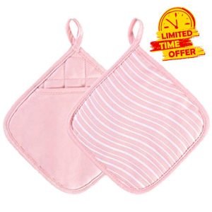 Heat Resistant Cotton Pot Holders Pot Holders with Pockets Non Slip Pot Holders for Kitchen Silicone Pot Holders Sets Heat Resistant Pot Holders For Cooking Baking Camping Microwave BBQ (Pink)