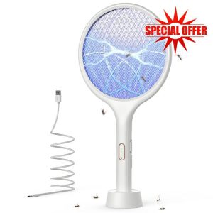 YISSVIC Electric Fly Swatter 4000V Bug Fly Zapper Racket Mosquito Fly Killer 1500 mAh 3 Layers Mesh with USB C Cable Stand Base for Indoor Outdoo