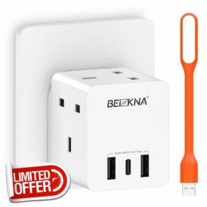 Multi Plug Adapter with USB 3 Way Plug Adaptor Extension Socket Block Cube Multiplug with USB C Slots Electrical Power Multiple Extender 13A UK 3 Pin 3250W Wall Multi Plug for Home Office Kitche