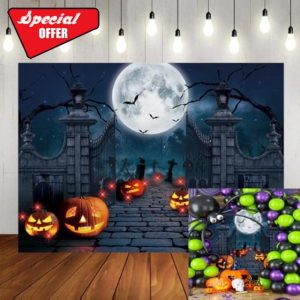 Halloween Horror Cemetery Backdrop Terror Moon Cemetery Gate Pumpkin Lantern Bat Crow Photography Background Haunted House Kids Adults Halloween Night Party Supplies Decoration (7x5FT)