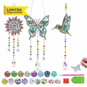 3 PCS Diamond Painting Wind Chimes 5D Diamond Painting Suncatcher Kit DIY Diamond Art Kits with Crystal Pendant Double Sided Rhinestone for Garden Decoration Butterflies Birds Su