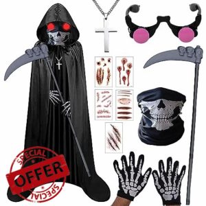 Maazusa Rim Reaper Costume Kids 6 Pcs Grim Reaper Scary Cosplay Death Eater Costume Horror Hooded Robe for Halloween Scary Fancy Dress Party