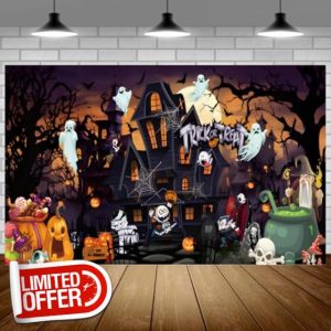 Niuoppy Halloween Photography Backdrop Halloween night backdrop Horrible Pumpkin Graveyard Witch Full Moon Night Backdrop for Children Halloween party decoration photography prop (6x3.6ft) (black2)