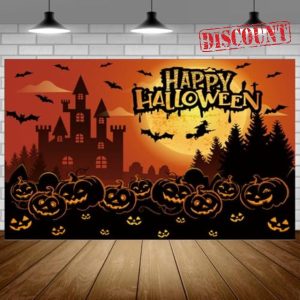 Niuoppy Halloween Photography Backdrop Halloween night backdrop Horrible Pumpkin Graveyard Witch Full Moon Night Backdrop for Children Halloween party decoration photography prop (6x3.6ft) (orange)