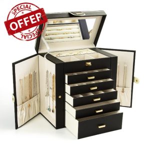 KAMIER 6-Tier Large Jewelry Box for Women – Elegant Black Organizer with Mirror & 5 Drawers for Rings
