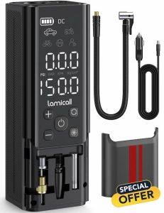 Lamicall Cordless Tyre Inflator Air Compressor - [22mm Metal Cylinder] 7500mah Battery & 12V DC Type Pump