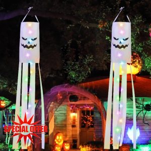 OWill 180 CM Halloween Windsock Flag 2 Pack Hanging Ghost Halloween Windsocks with LED Light