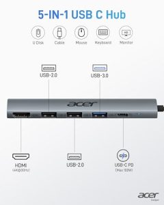 Aluminum 5-in-1 USB-C Multiport Adapter with 3 x USB-A Ports