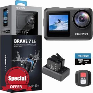 AKASO Brave 7 LE Action Camera with 128GB microSDXC Memory Card - 40M Waterproof Underwater Camera EIS 2.0 Native 4K 20MP Touch Screen WiFi Sports Camera Remote Control Vlog Camera