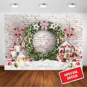 Avezano Christmas Photography Backdrop Xmas White Brick Wall Background Christmas Candy Canes Xmas Wreath Background for Kids Photo Booth Props (7x5ft)