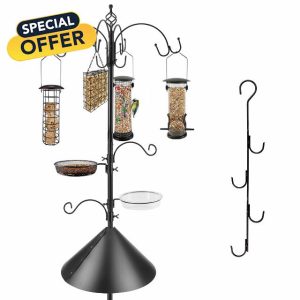 Bird Feeding Station Kit with Squirrel Baffle Bird Feeder Pole Wild Bird Feeder with Suet Cage Bird Bath Mesh Tray Fruit Hook Double W Hook for Attracting Wild Birds and Hanging Planter Hanger Lights