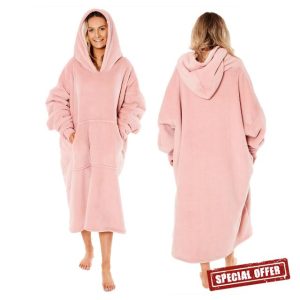 Sienna Extra Long Oversized Blanket Hoodie Wearable Throw with Pockets Sleeves Soft Sherpa Fleece Wearable Throw Giant Sweatshirt