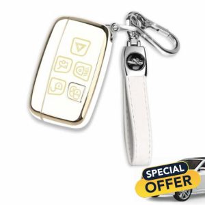Bamyli Car Key Fob Cover Fit for Land Rover Defender Discovery Evoque LR4 Range For Rover Sport for Jaguar 5-Buttons Smart Key Case TPU Key Shell Key Holder with Keychain Accessories (White)