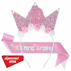 Nogeqi 10th Happy Birthday Headband Girls Pink Birthday Sash Birthday Girl Tiara Happy Birthday Crown for Girls 10th Birthday Decorations for Girls 10 Year Old Happy Birthday Party Accessory(Pink)