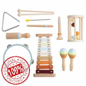 Kids Musical Instruments- Wooden Percussion Instruments Toy Montessori Baby Musical Toys Xylophone Drum Sensory Toys Tambourine Natural Wooden Music Set Preschool Educational Toys