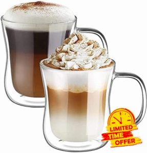 ecooe 2x350ml Double Walled Coffee Glasses Mugs Cappuccino Latte Macchiato Glasses Cups with Handle Borosilicate Heat Resistant Glass Cups for Coffee Tea Milk Juice Ice Cream