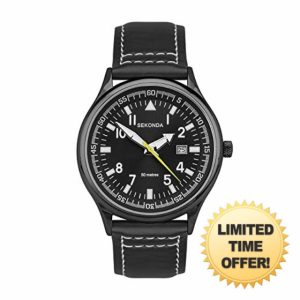 Sekonda Men's 42mm Pilot Style Quartz Watch with Analogue Display Date Window and Leather Strap 50m Water Resista