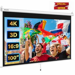 WASJOYE Manual Pull-Down Projector Screen - 100-inch Roll-Down Retractable Manual Projection Screen w/Auto-Locking