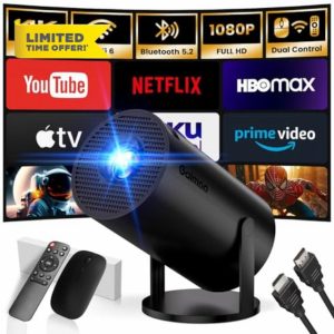 2025 Mini Projector 1080P FHD 4K Support Projector with Mouse Portable Projector with WiFi and Bluetooth 180° Adjustable Auto Keystone HDMI/TV Stick/USB/PS5/Laptop