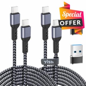 YISH USB C to USB C Charger Cable:65W USB C to C Charger Cable Fast Charge 3A Braided Type C Data Cable Compatible with iPhone 16 15 Pro Max Samsung S24 S23 iPad Pro MacBook Pro/Air
