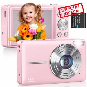 CAMKORY Digital Camera 1080P 44MP FHD Compact Digital Camera 16X Digital Zoom Anti-shake Vlogging Camera Simple Digital Camera Students Seniors Beginner Pink