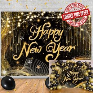 Happy New Year Backdrop 2025 New Year Party Decoration New Year's Eve Banner Glitter Black and Gold Happy New Year Backdrop New Years Eve Party Supplies 2025 New Years Photo Booth Props (7X5FT)