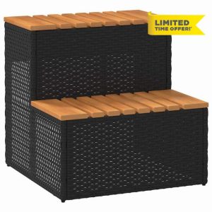 idaXL Hot Tub Step - Black PE Rattan/Acacia Wood - 50cm Adjustable Spa Ladder for Outdoor