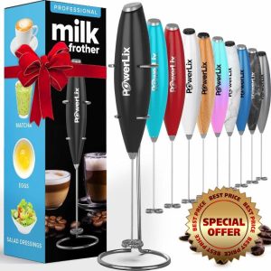 PowerLix Milk Frother Handheld Whisk - Electric Milk Frother Foamer with Stainless Steel Stand