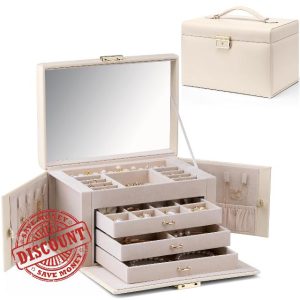 Vlando Large Jewellery Box for Women Lockable Jewellery Boxes with 3 Drawers Jewelry Storage Earrings