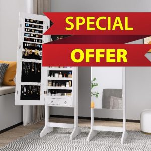 Dprodo Jewelry Cabinet Standing Mirror Lockable Jewelry Armoire with Large Storage