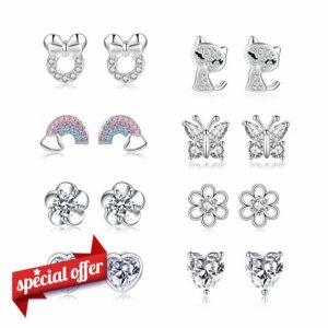 925 Sterling Silver Earrings，8 Pair Silver Studs Earrings for Women Hypoallergenic Kids Earrings Sterling Silver Stud Earrings for Teenage Girls Ages 3-18 Childrens Earrings Cubic Zirconia Stud Se