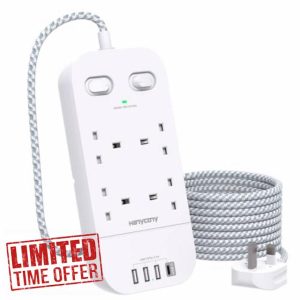 4 Way Surge Protected Extension Lead with USB Slots – Multi Plug Power Strip Extension Cable with Double Switches