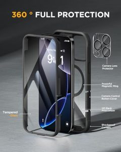 Full Body Bumper Case Compatible with MagSafe and Built-in 9H Tempered Glass Screen Protector + Camera Lens Protector (Black)