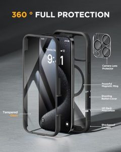 Full Body Bumper Case Compatible with MagSafe and Built-in 9H Tempered Glass Screen Protector + Camera Lens Protector (Black)