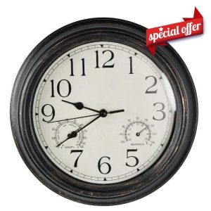 Vintage Bronze Garden Clock - 12 Inch Waterproof Wall Clock with Thermometer - Ideal for Patio