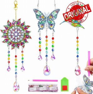 3Pcs 5D Diamond Suncatcher Art Kits DIY Double Sided Diamond Art Wind Chimes Keychains Acrylic Hanging Diamond Art Painting Ornaments with Crystal Pendant Diamond Painting Suncatcher for Home Deco