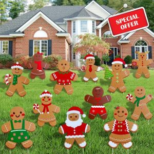 12 Pcs Christmas Gingerbread Man Yard Signs with Stakes Large Christmas Yard Sign Stakes Gingerbread Man Lawn Sign Xmas Gingerbread Yard Stakes Lawn Signs for Christmas Pathway Garden Patio Party