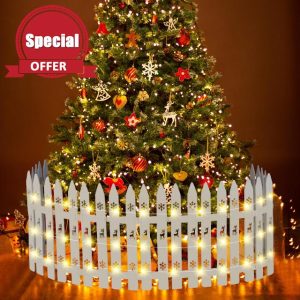Sasylvia Christmas Wooden Tree Fence with LED String Light Xmas Wooden Picket Fence Holiday Indoor Garden Fence for Christmas Tree Garden Grass Lawn Party Decorations(Height 16 inch