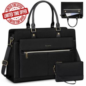 RAINSMORE Laptop Bags Handbags for Women 15.6 Inch PU Leather Large Tote Bag Work Bag with Clutch Bag Designer Women's Bags Ladies Laptop Handbag for School Black